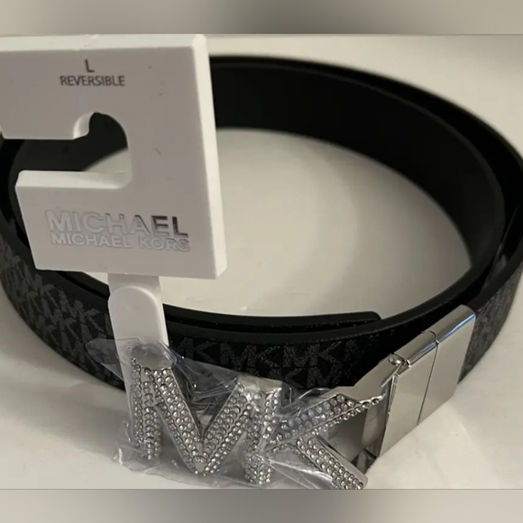 Michael kors ladies black and silver logo reversible belt main image 3